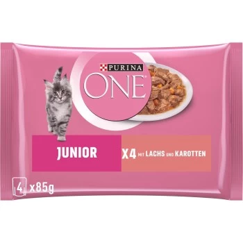 Purina ONE Junior Kittenfutter Nass Zarte Stückchen In Sauce Lachs 48x85g