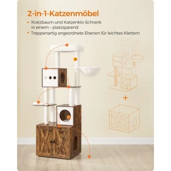 FEANDREA Kratzbaum 185cm Mit Katzenklo-Schrank Vintagebraun Braun – Bild 3