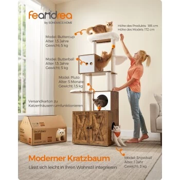 FEANDREA Kratzbaum 185cm Mit Katzenklo-Schrank Vintagebraun Braun – Bild 2